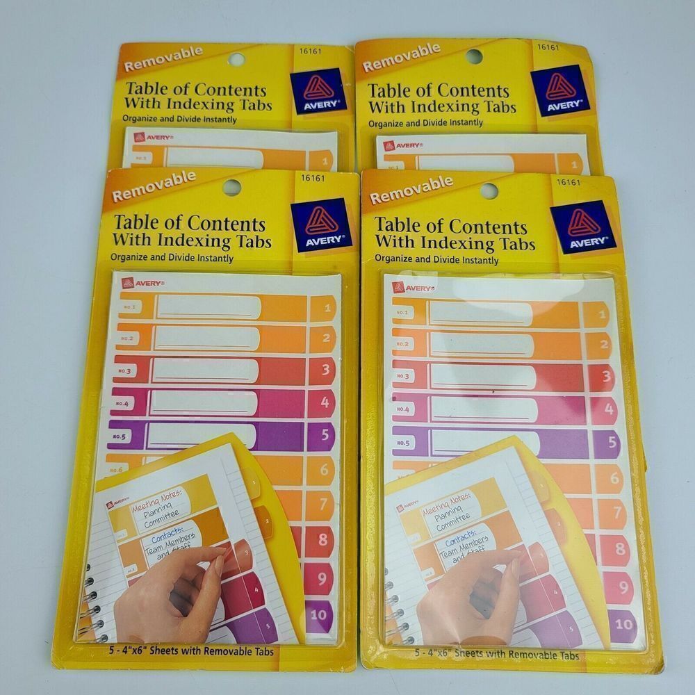 4 Sets Avery 16161 Table Of Contents With Indexing Tabs Removable NIP